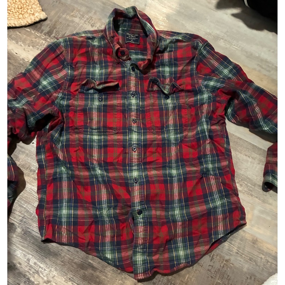 Abercrombie & Fitch Mens XL Plaid Flannel Button Down Shirt Red Green L/S